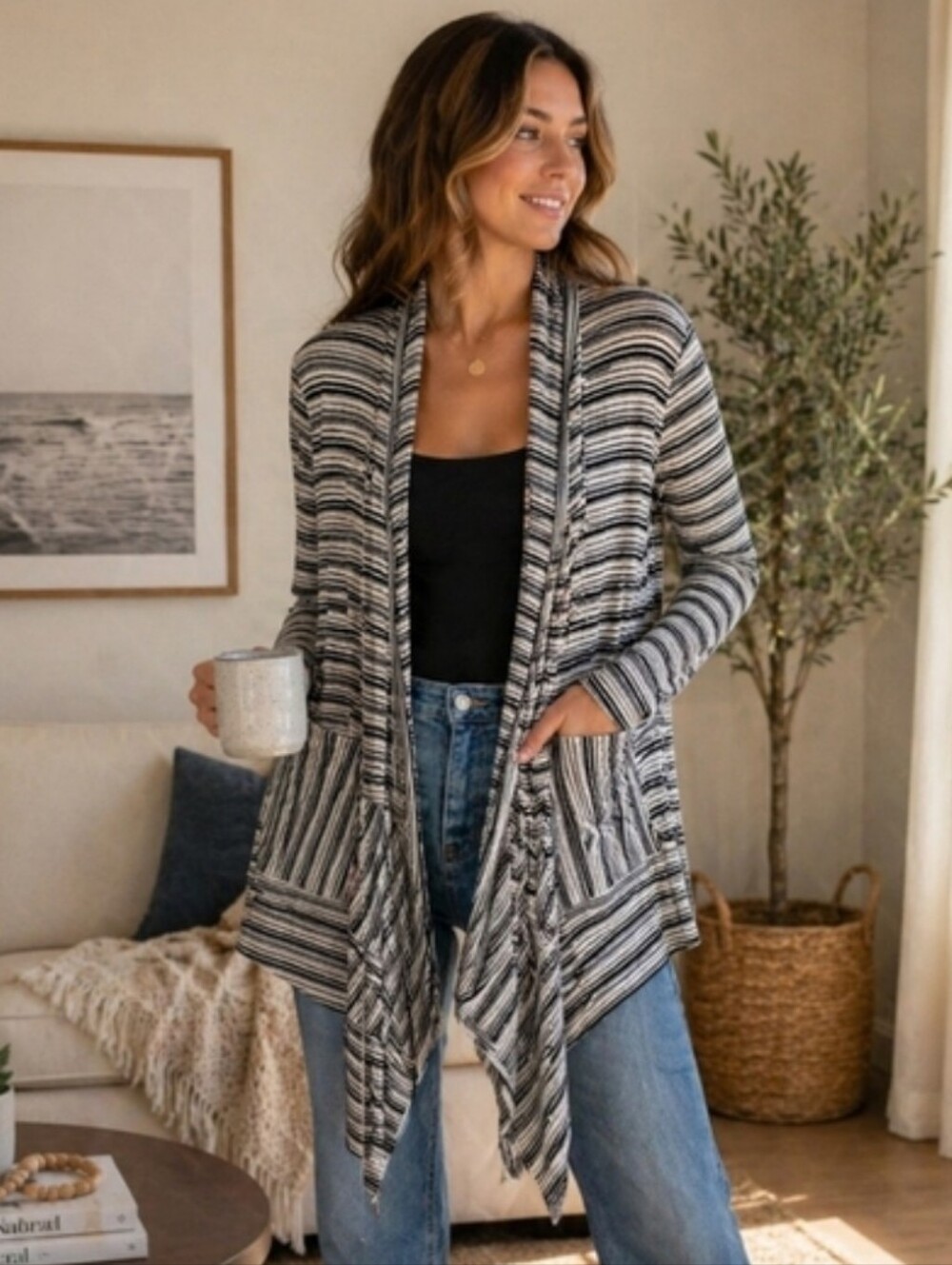 Bordeaux Black & White Striped Open-Front Cardigan – Size Large